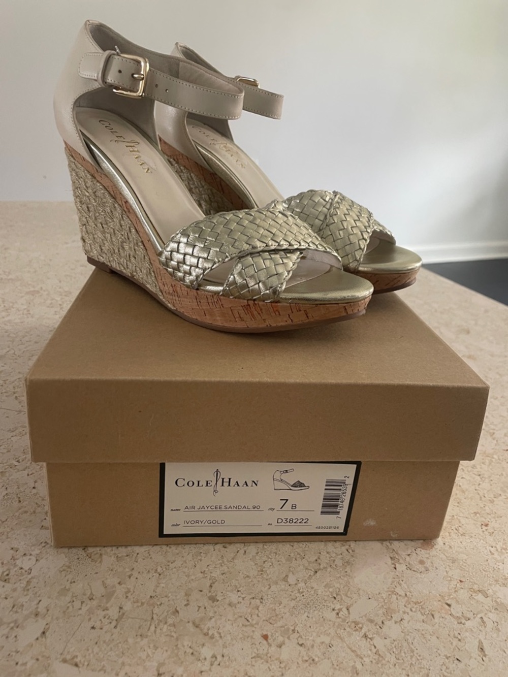 Cole Haan Ivory and Gold Woven Cork Wedge Sandals